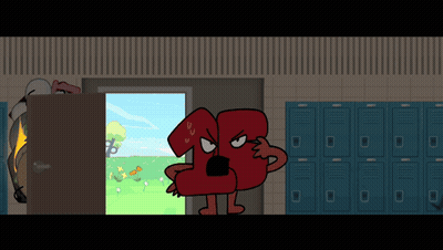 A Cartoon Drawing Of A Number 13 Standing In Front Of A Door GIF