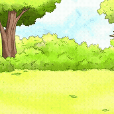 A Cartoon Drawing Of A Park With A Tree And Bushes GIF