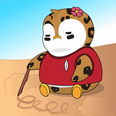 A Cartoon Drawing Of A Penguin With A Flower On Its Head And The Word Eeee Written In The Sand GIF