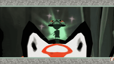 A Cartoon Drawing Of A Penguin With A Green Umbrella On Its Head GIF