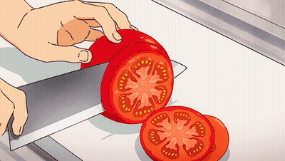 A Cartoon Drawing Of A Person Cutting A Tomato GIF