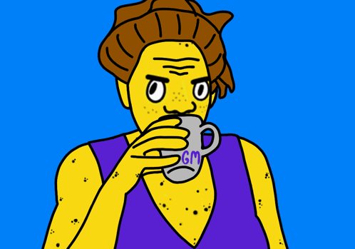 A Cartoon Drawing Of A Person Drinking From A Mug With Gm Written On It GIF