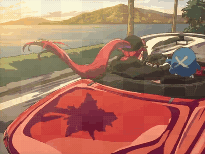 A Cartoon Drawing Of A Person Driving A Red Car With A Blue X On The Hood GIF
