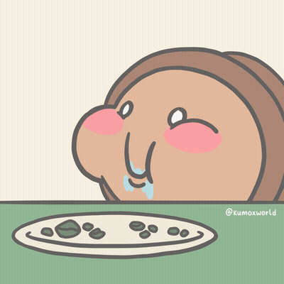A Cartoon Drawing Of A Person Eating A Plate Of Food With The Username @Kumoxworld At The Bottom GIF