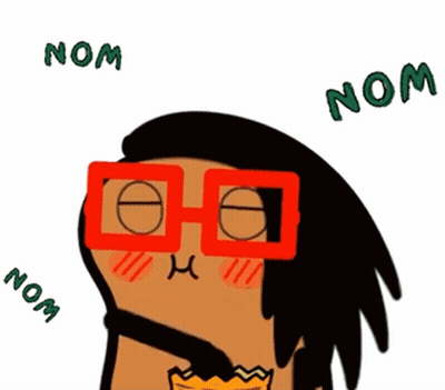 A Cartoon Drawing Of A Person Eating A Slice Of Pizza With Nom Written Around Them GIF