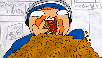 A Cartoon Drawing Of A Person Eating Food With A Sign That Says Mcdonalds In The Background GIF