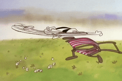 A Cartoon Drawing Of A Person Flying Through The Air On A Chair GIF