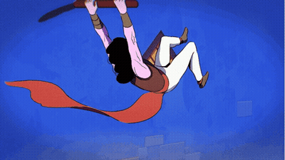 A Cartoon Drawing Of A Person Flying Through The Air With A Blue Background GIF