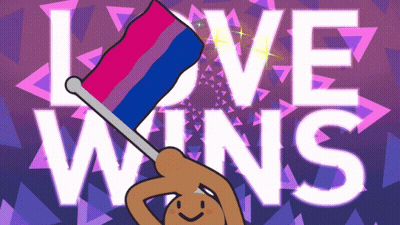 A Cartoon Drawing Of A Person Holding A Bisexual Flag With The Words Love Wins In The Background GIF