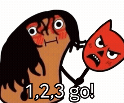 A Cartoon Drawing Of A Person Holding A Devil Mask With The Words1,2,3 Go Written Below It GIF
