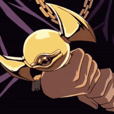 A Cartoon Drawing Of A Person Holding A Golden Snitch Necklace GIF