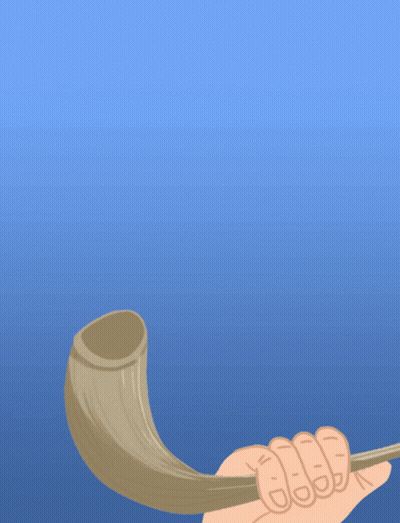 A Cartoon Drawing Of A Person Holding A Shofar With The Words Happy 5781 In Hebrew GIF