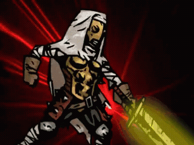 A Cartoon Drawing Of A Person Holding A Sword With A Yellow Light Behind Him GIF