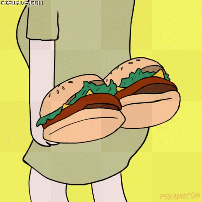 A Cartoon Drawing Of A Person Holding Two Hamburgers In Their Hands GIF