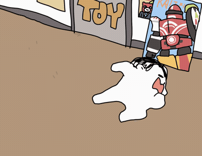 A Cartoon Drawing Of A Person In Front Of A Toy Store Door GIF