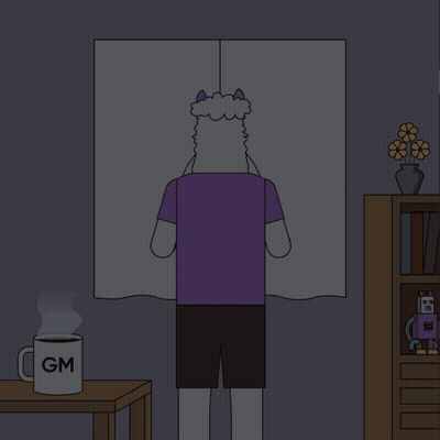 A Cartoon Drawing Of A Person Opening A Window With A Mug That Says Gm GIF
