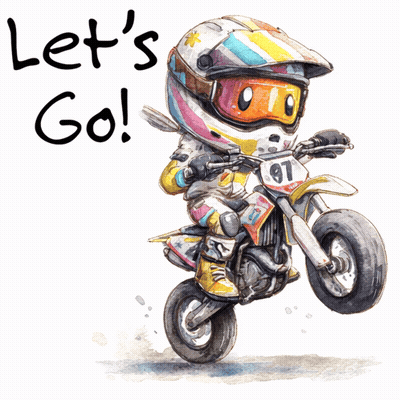 A Cartoon Drawing Of A Person Riding A Dirt Bike With The Words Let 'S Go Below Them GIF