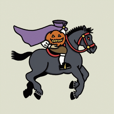 A Cartoon Drawing Of A Person Riding A Horse With A Pumpkin Head GIF
