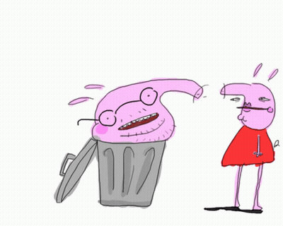 A Cartoon Drawing Of A Person Standing Next To A Garbage Can GIF