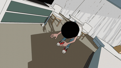 A Cartoon Drawing Of A Person With A Black Head And Red Sneakers GIF
