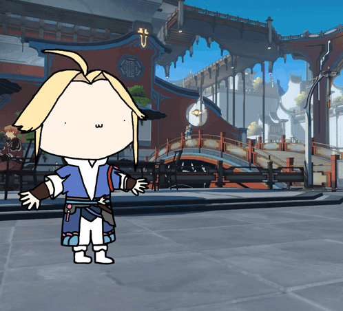 A Cartoon Drawing Of A Person With A W On Their Face In Front Of A Bridge GIF