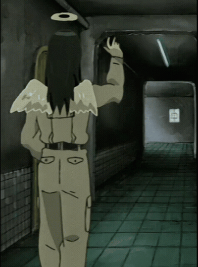 A Cartoon Drawing Of A Person With Angel Wings Standing In A Dark Hallway GIF
