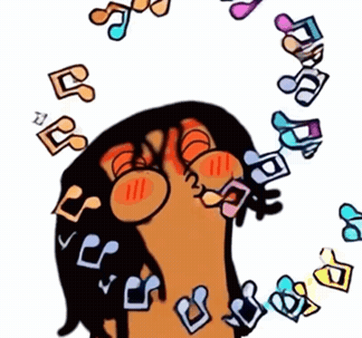A Cartoon Drawing Of A Person With Music Notes Around Their Head GIF