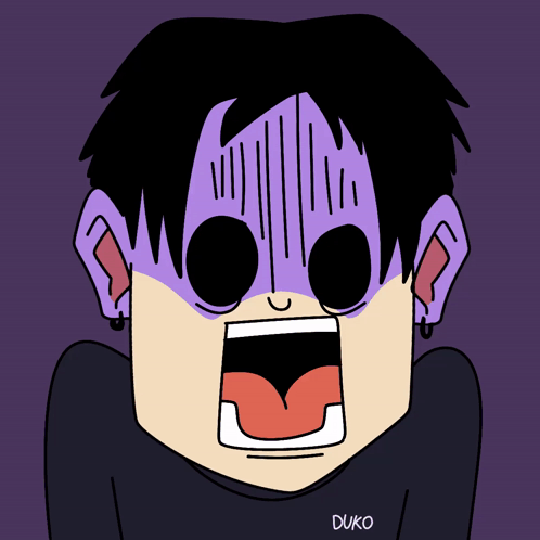 A Cartoon Drawing Of A Person With Purple Hair And A Shirt That Says Duko On It GIF