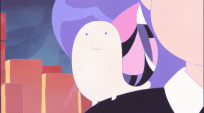 A Cartoon Drawing Of A Person With Purple Hair And A White Ghost With An Angry Face GIF