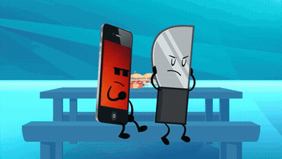 A Cartoon Drawing Of A Phone And A Knife Standing Next To Each Other On A Picnic Table GIF