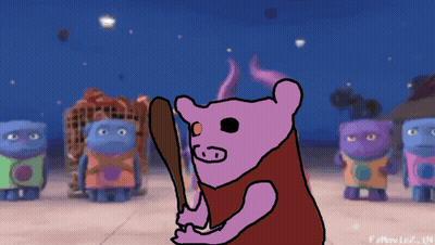 A Cartoon Drawing Of A Pig Holding A Bat With The Year ' F2movie2 ' On The Bottom GIF