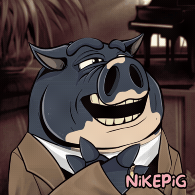 A Cartoon Drawing Of A Pig Wearing A Suit And Bow Tie With Nikepig Written On The Bottom GIF