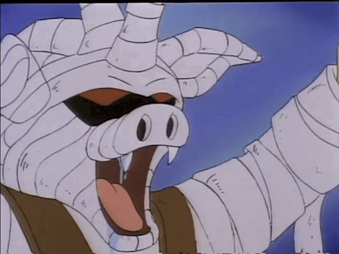 A Cartoon Drawing Of A Pig With Horns And Bandages Around Its Body GIF