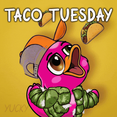 A Cartoon Drawing Of A Pink Bird With Tacos Coming Out Of Its Beak And The Words Taco Tuesday Below It GIF