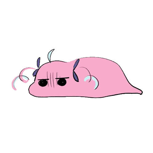 A Cartoon Drawing Of A Pink Blob With Black Eyes And Blue Ears Sticker