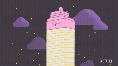 A Cartoon Drawing Of A Pink Building With Netflix Written On The Bottom GIF