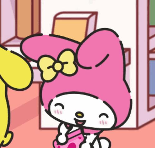 A Cartoon Drawing Of A Pink Bunny With A Yellow Bow On Her Head GIF