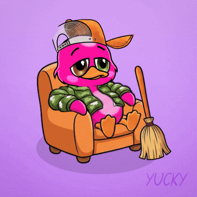 A Cartoon Drawing Of A Pink Duck Holding A Broom With The Word Lo Written On It GIF