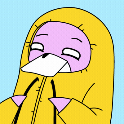 A Cartoon Drawing Of A Pink Duck In A Yellow Jacket GIF