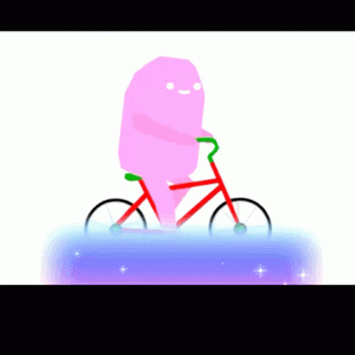 A Cartoon Drawing Of A Pink Ghost Riding A Red Bike GIF