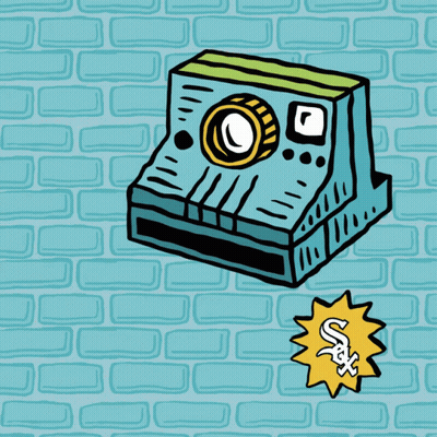 A Cartoon Drawing Of A Polaroid Camera On A Brick Wall With A Sticker That Says Jax GIF