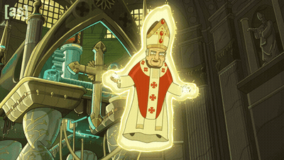 A Cartoon Drawing Of A Pope With A Light Coming Out Of Him GIF