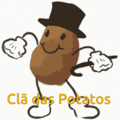 A Cartoon Drawing Of A Potato Wearing A Top Hat And Gloves With The Words Cla Das Potatos Below It GIF