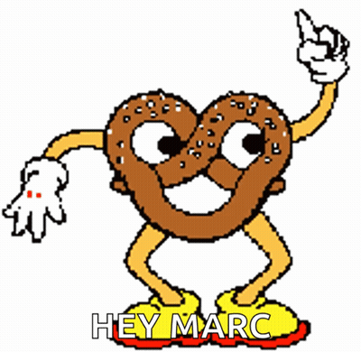 A Cartoon Drawing Of A Pretzel With Arms And Legs Saying Heymarc GIF