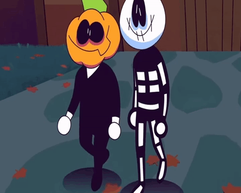 A Cartoon Drawing Of A Pumpkin And A Skeleton GIF