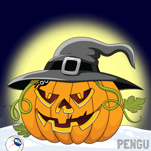 A Cartoon Drawing Of A Pumpkin Wearing A Witch Hat With The Word Pengu On The Bottom GIF
