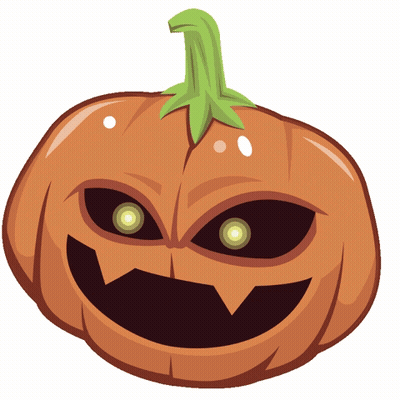 A Cartoon Drawing Of A Pumpkin With Glowing Eyes And A Green Stem GIF
