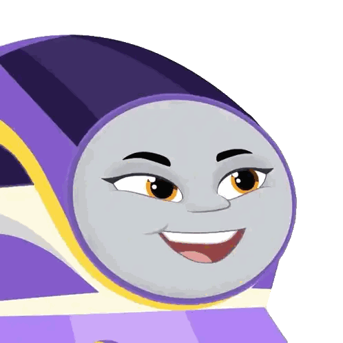 A Cartoon Drawing Of A Purple And Yellow Train Smiling Sticker