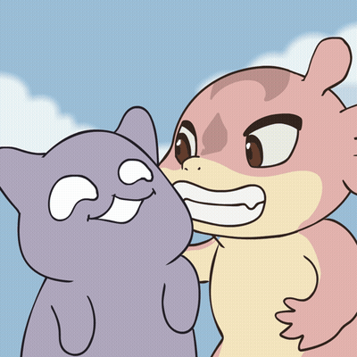 A Cartoon Drawing Of A Purple Cat And A Pink Animal GIF