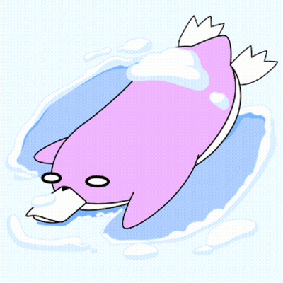A Cartoon Drawing Of A Purple Dolphin With White Feathers GIF